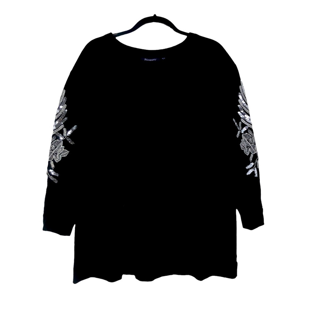 Romans Plus SZ 18/20 Black Sweatshirt w/Blingy Floral Sequins Down The Sleeves